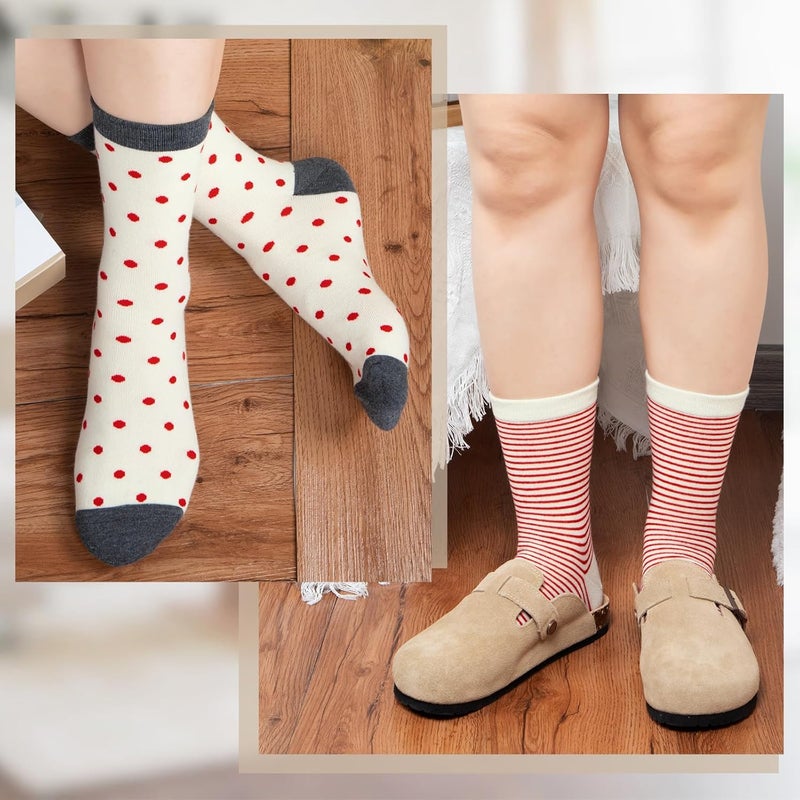 Socksfad Store 6 Pairs Cotton Crew Socks for Women, Breathable Novelty Funny Striped Dot Casual Cute Calf Socks Size 6-12 - Image 5